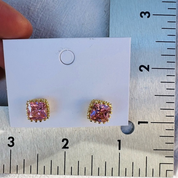 Simulated Pink Sapphire Princess Cut CZ Studs - Picture 10 of 10